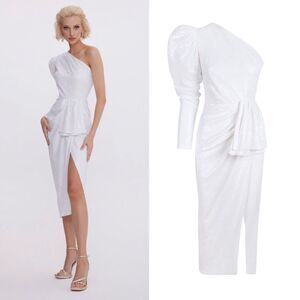 Neiman Marcus Gigii's Sequin Dress White One Sleeve Midi Bridal Wedding